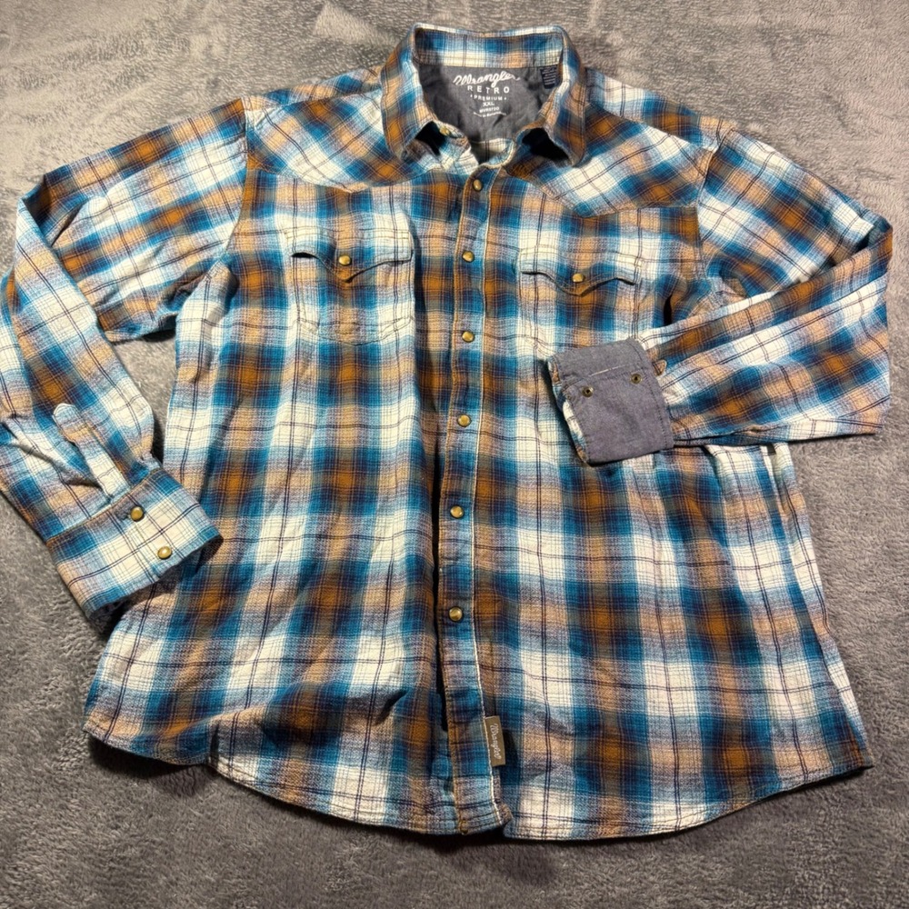 Wrangler Retro Premium Men XXL Blue Brown Plaid Western Snap Long Sleeve MVR572Q